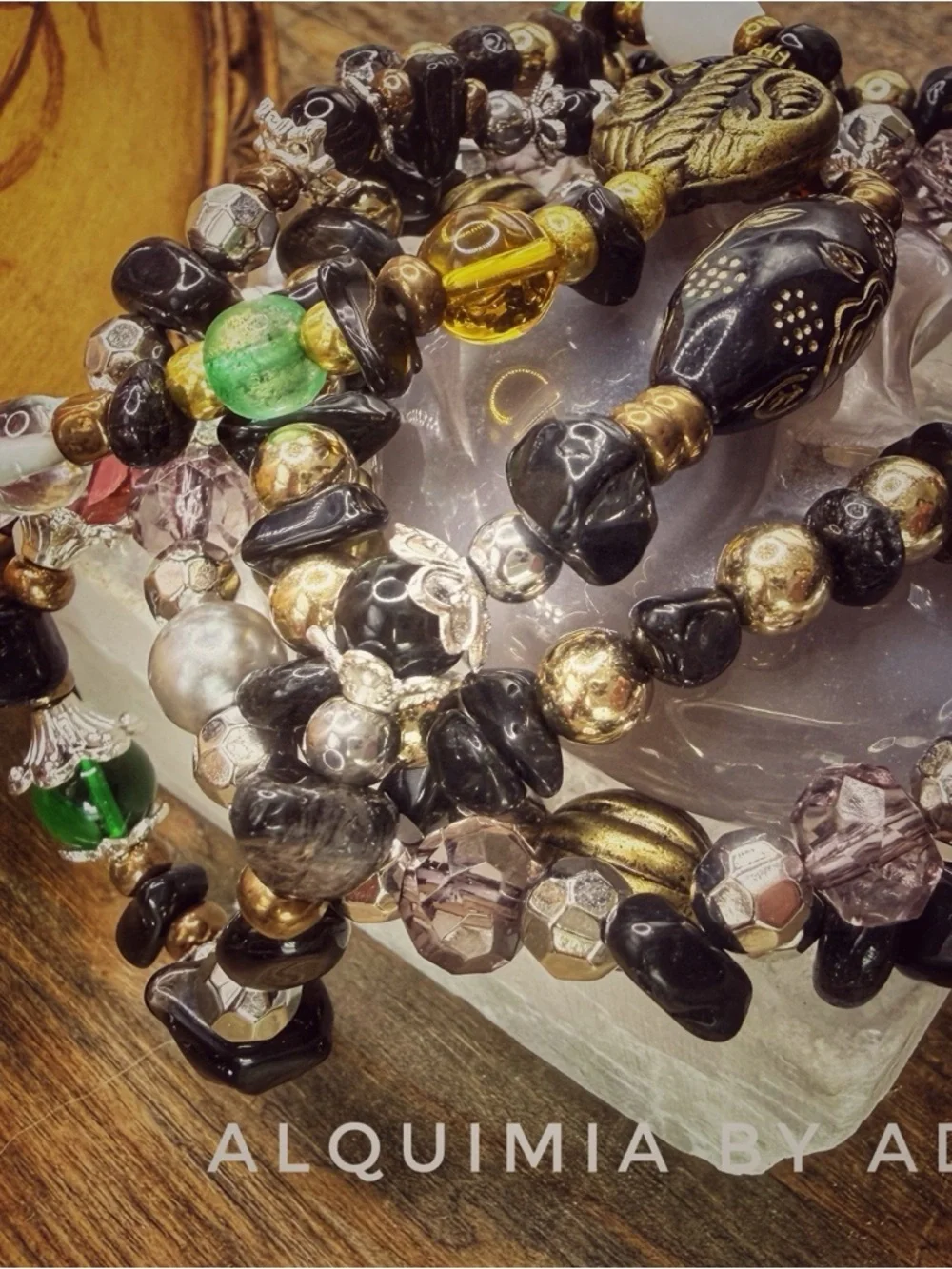 MONUMENTAL + Dainty gold + BLACK ONYX + glass bracelet stack